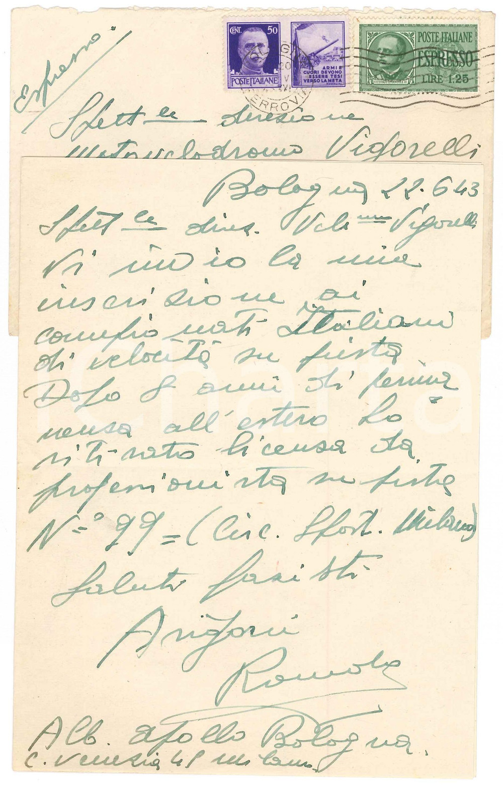 Autografo originale 1943 CICLISMO BOLOGNA Lettera Romolo ARIGONI professionista su pista  AUTOGRAFO 1