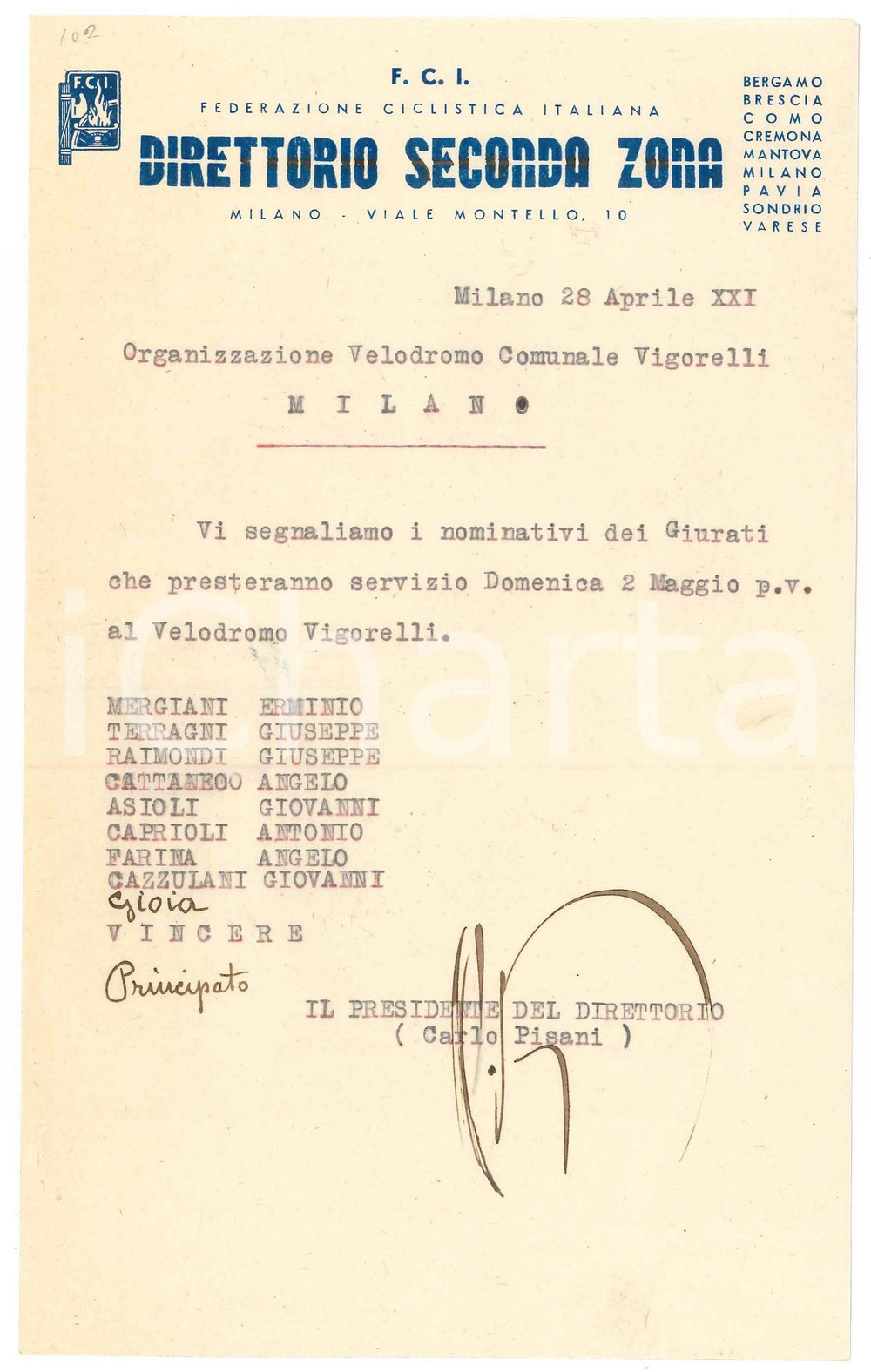 Documento originale, autentico 1943 MILANO Federazione Ciclistica Italiana FCI Nominativi giurati del Vigorelli 1