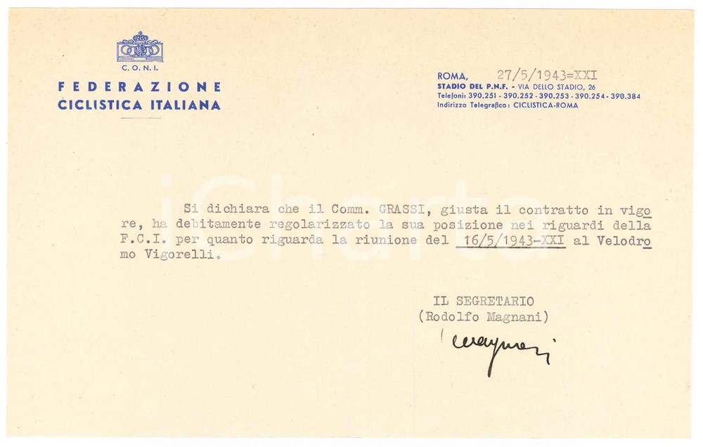 Documento originale, autentico 1943 ROMA Federazione Ciclistica Italiana FCI  CONI Comunicazione VIGORELLI 1