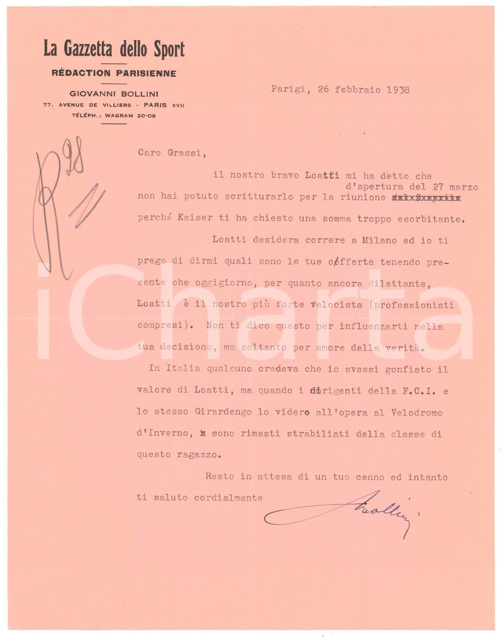 Autografo originale 1938 PARIS GAZZETTA DELLO SPORT Lettera Giovanni BOLLINI per gara ciclismo 1