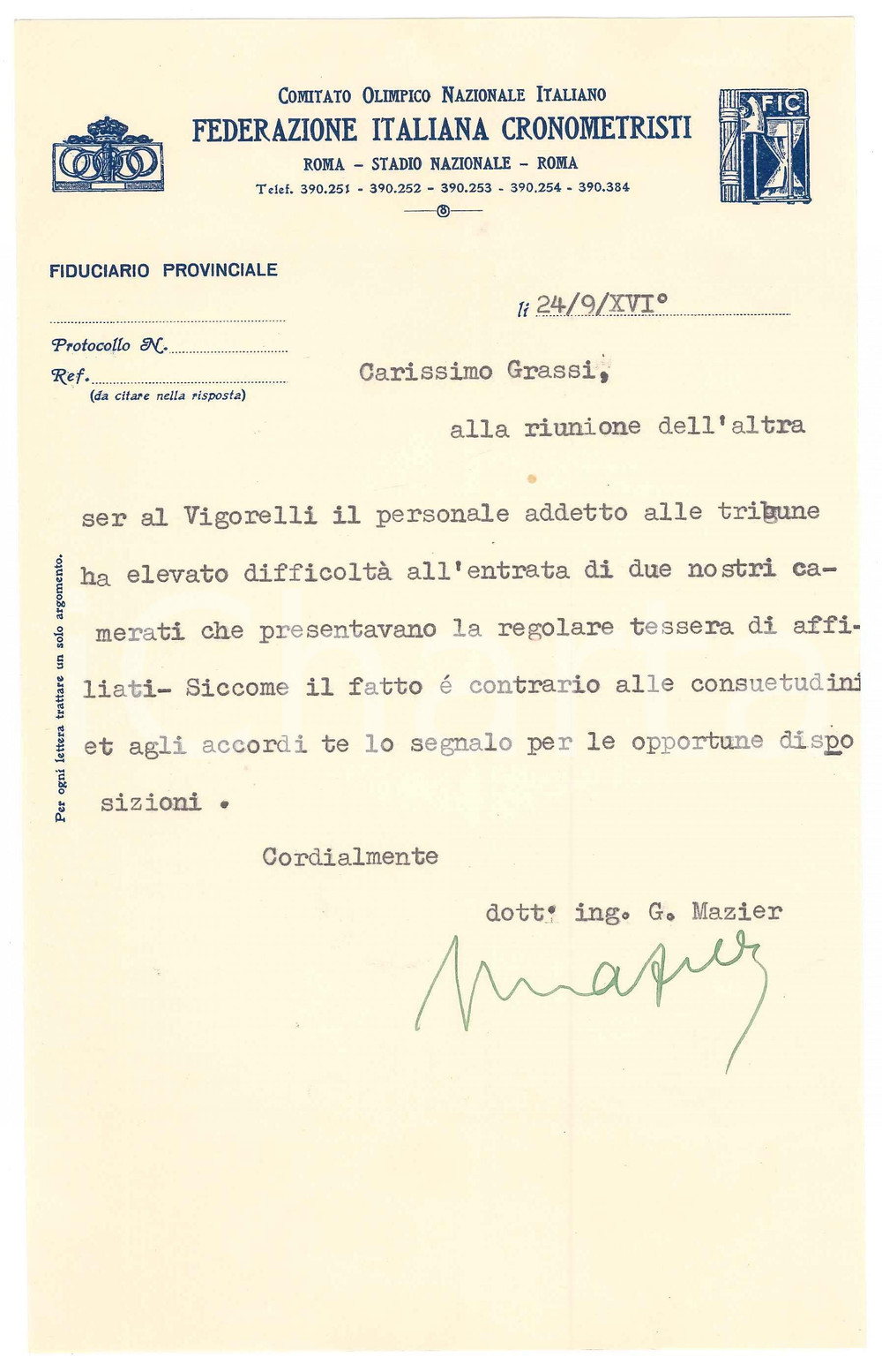 Manoscritto, lettera originale 1938 CICLISMO ROMA CONI Lettera ing. G. MAZIER contro difficoltÃ  ai camerati 1
