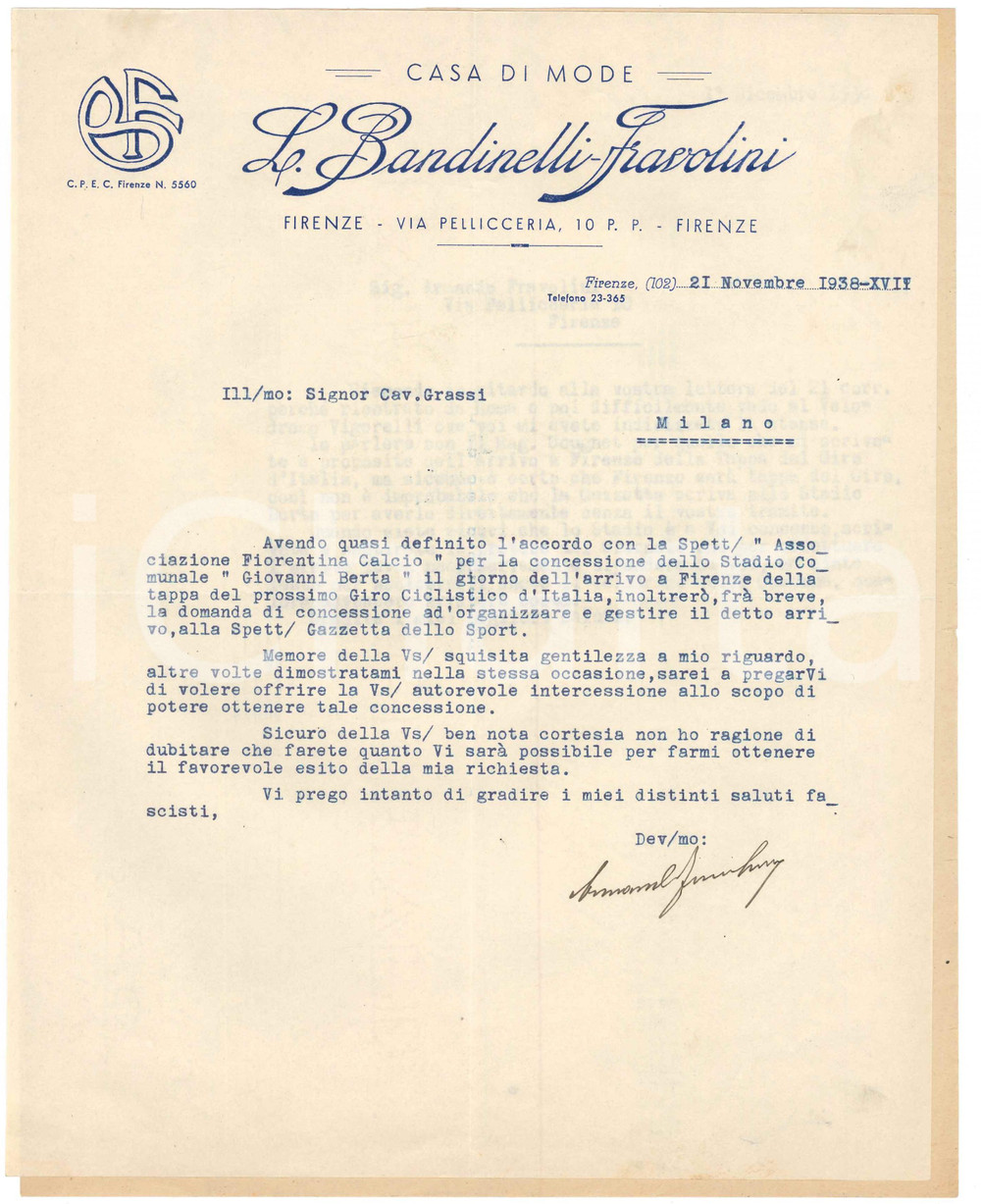 Manoscritto, lettera originale 1938 FIRENZE Casa di mode BANDINELLIFRAVOLINI  Lettera concessione CICLISMO 1