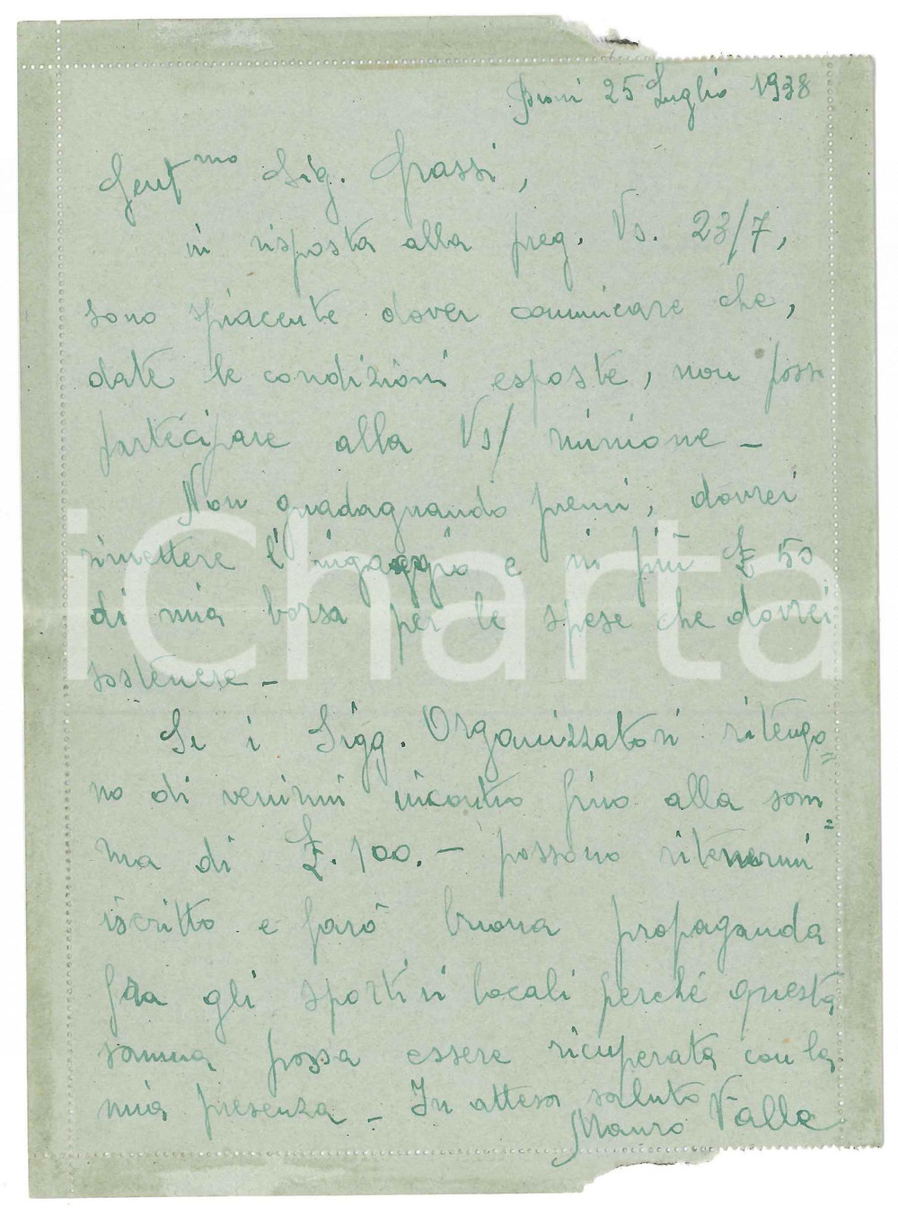 Autografo originale 1938 CICLISMO BRONI PV Mauro VALLE rifiuta un ingaggio scarso AUTOGRAFO 1