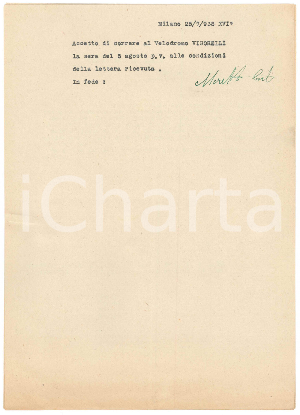 Autografo originale 1938 CICLISMO MILANO Carlo MORETTI accetta una gara al Vigorelli  AUTOGRAFO 1