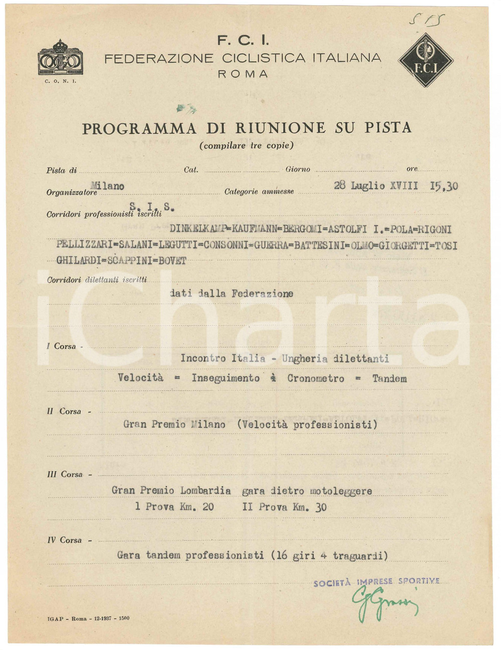 Documento originale, autentico 1938 CICLISMO MILANO Vigorelli  Programma Gran Premio  Riunione su pista 1