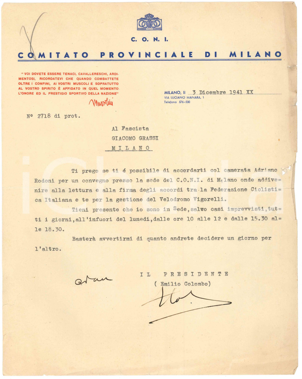 Documento originale, autentico 1941 MILANO CONI Emilio COLOMBO per convegno con Giacomo GRASSI e Adriano RODONI 1