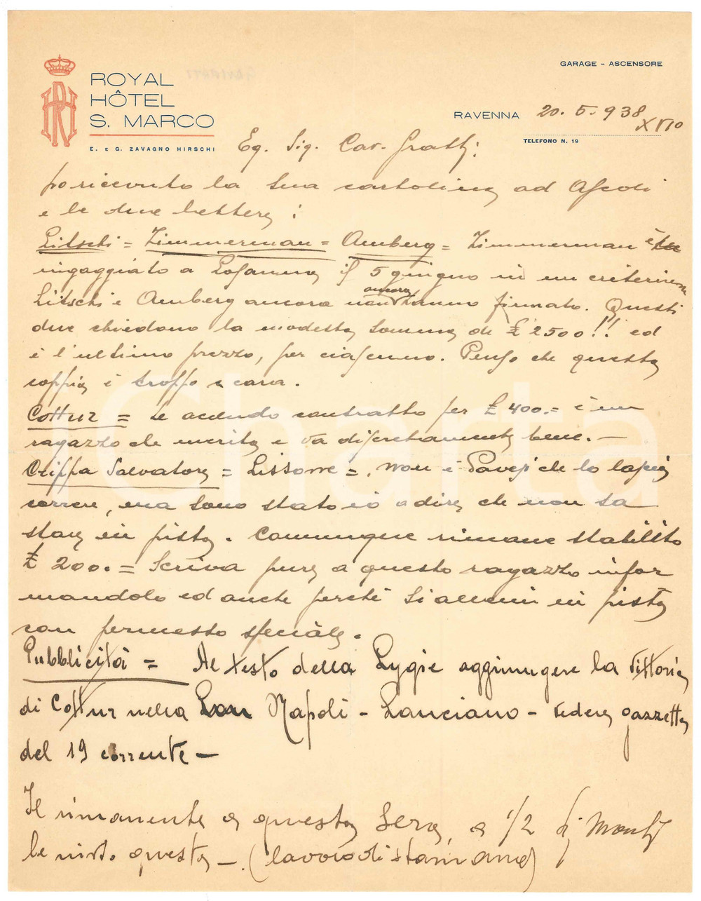 Autografo originale 1938 CICLISMO RAVENNA Lettera Antonio GAVIRATI per ingaggio ciclisti AUTOGRAFO 1