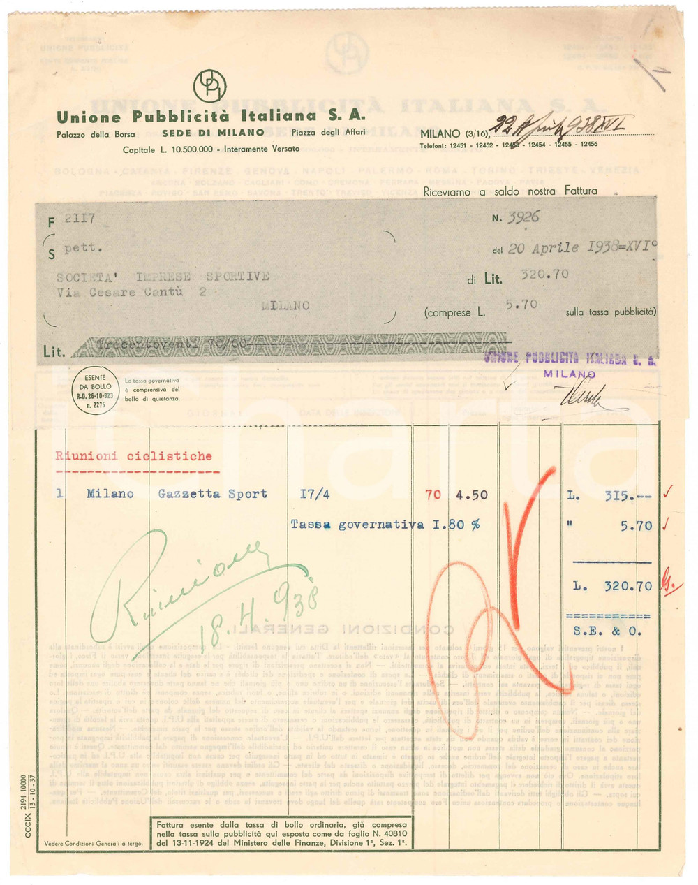 Documento originale, autentico 1938 CICLISMO MILANO Unione PubblicitÃ  Italiane  Fattura Gazzetta dello Sport 1