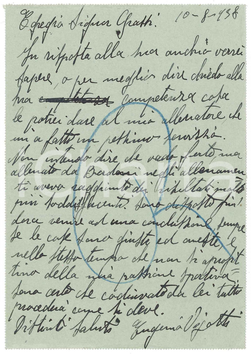 Autografo originale 1938 CICLISMO MILANO Eugenio VIGOTTI si lamenta dell allenatore  AUTOGRAFO 1