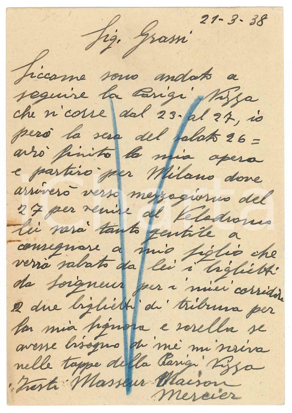 Autografo originale 1938 CICLISMO LOANO Cartolina massaggiatore MERCIER per biglietti  AUTOGRAFO 1