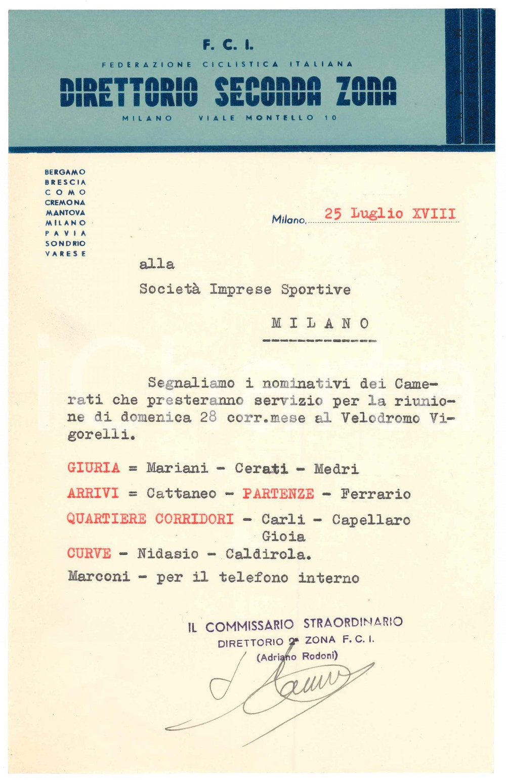 Documento originale, autentico 1940 F.C.I. CICLISMO MILANO Direttorio Seconda Zona Giuria in servizio 1