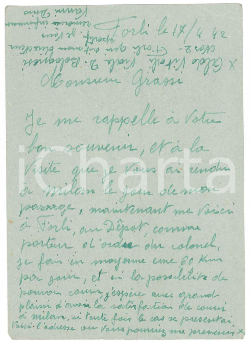1942 CICLISMO FORLI' Cartolina Dino VANNI per una gara a Milano - AUTOGRAFO
