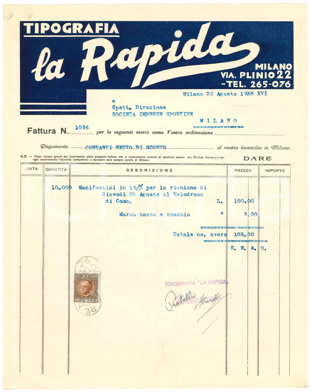 Documento originale, autentico 1938 MILANO Via Plinio  Tipografia LA RAPIDA  Fattura per manifestini CICLISMO 1