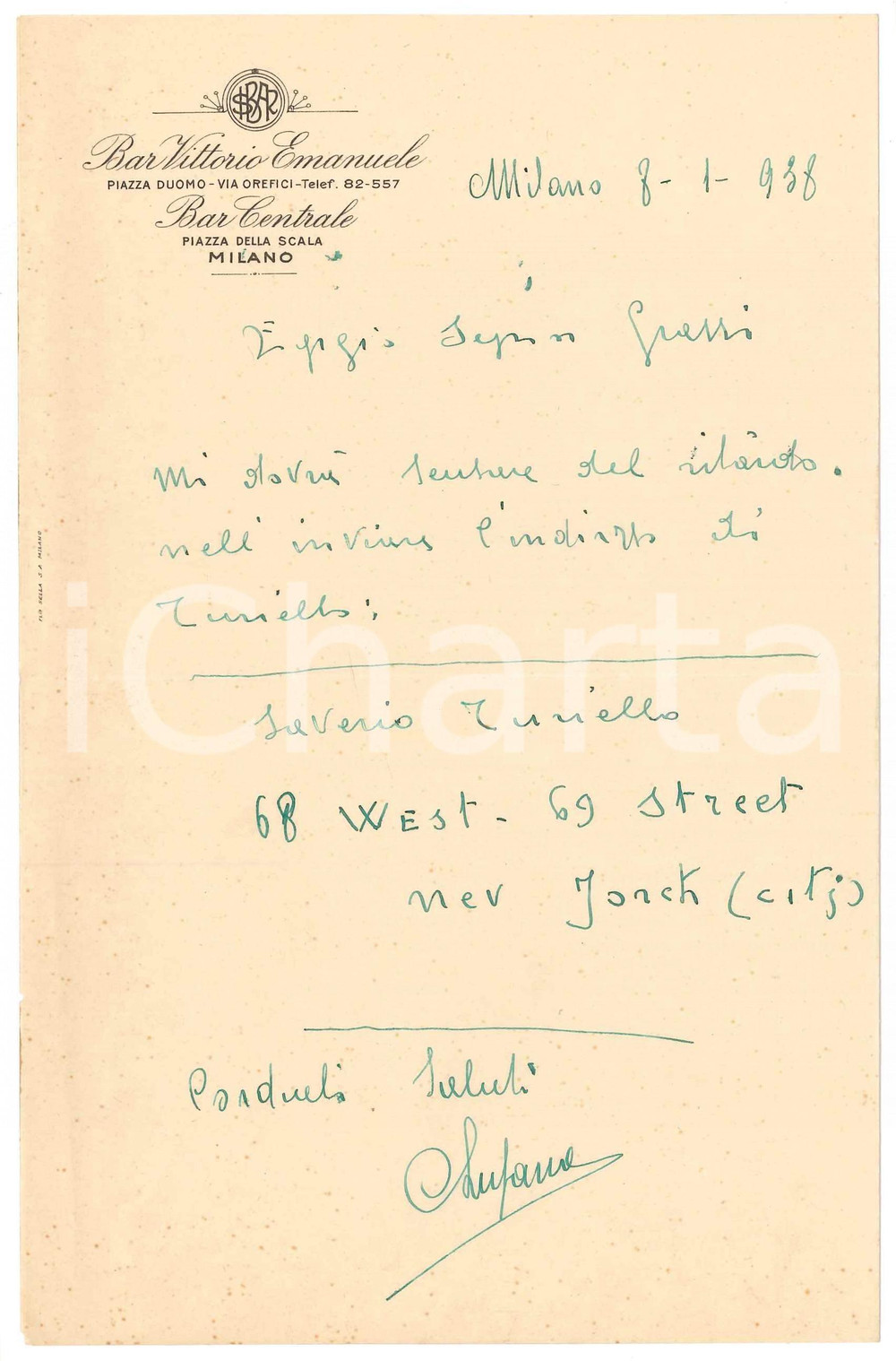 Documento originale, autentico 1938 MILANO Piazza Duomo  Bar Vittorio Emanuele  Bar Centrale  Lettera 1