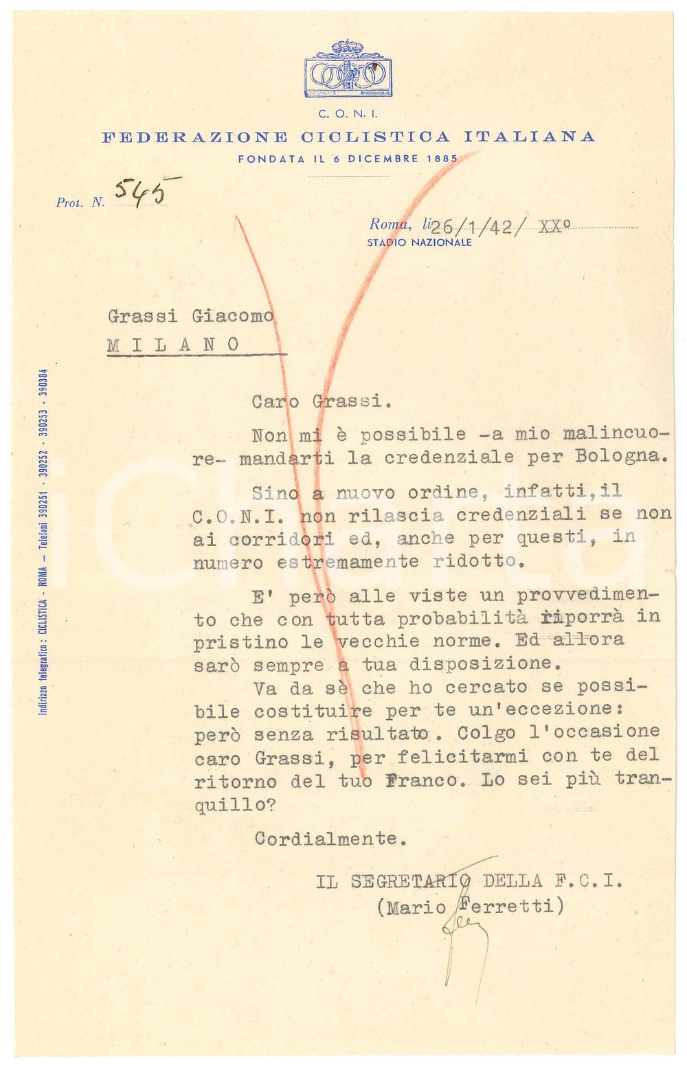 Manoscritto, lettera originale 1942 CICLISMO ROMA Federazione Ciclistica Italiana  Lettera Mario FERRETTI 1