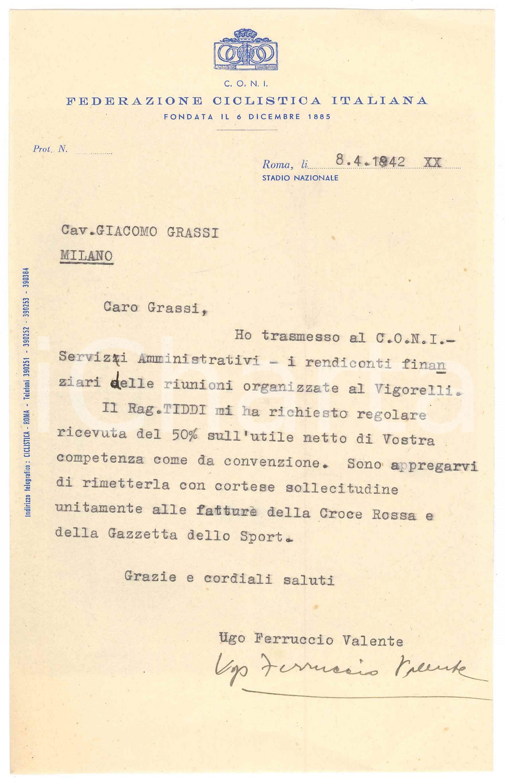 Manoscritto, lettera originale 1942 CICLISMO ROMA CONI Lettera Ugo Ferruccio VALENTE per rendiconti 1