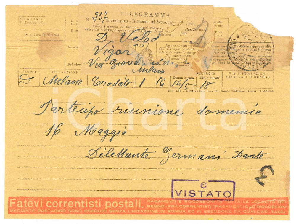 Documento originale, autentico 1940 ca CICLISMO TRADATE Telegramma Dante GERMANI per gara dilettanti 1