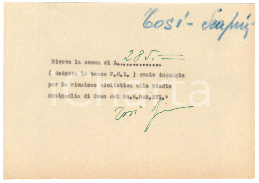 Autografo originale 1938 CICLISMO COMO Ricevuta Angelo TOSI  Stadio Sinigaglia AUTOGRAFO 1