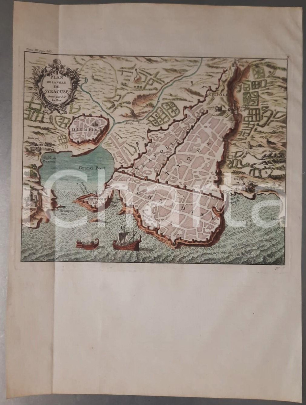 Stampa, bozzetto originale 1750 ca ITALIA SICILIA Plan de la ville de SYRACUSE Tavola RARA colorata a mano 1