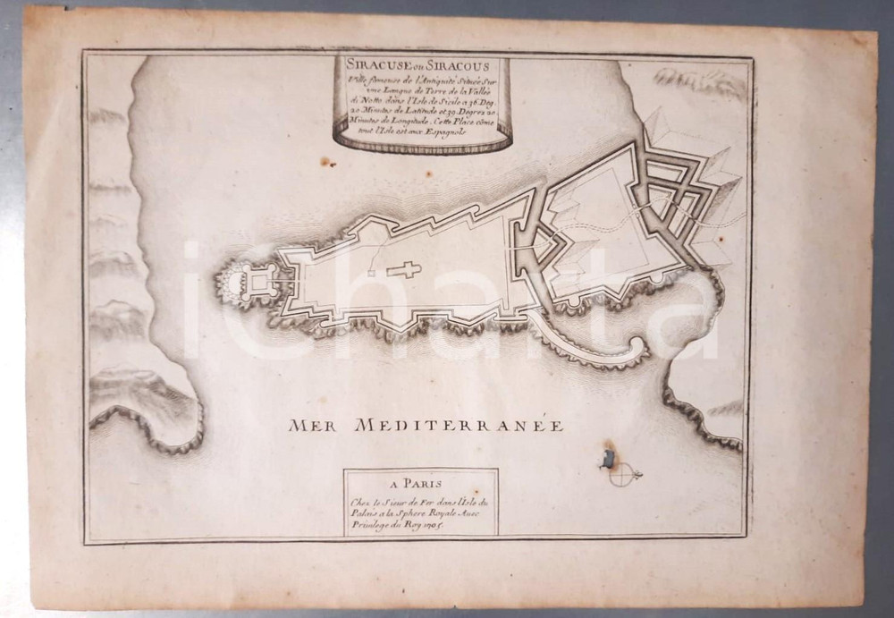 Stampa, bozzetto originale 1705 ITALIA SICILIA SIRACUSA  Mappa Nicolas DE FER A La Sphere Royale 1