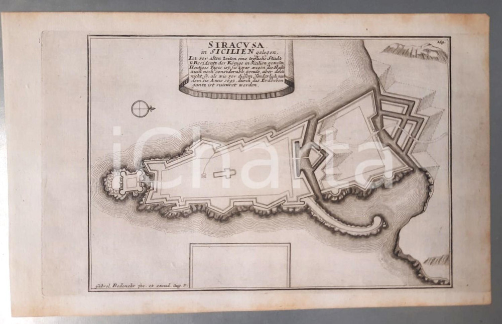 Stampa, bozzetto originale 1730 ITALIA SICILIA SIRACUSA  Mappa Gabriel Bodenehr RARA 31x19 cm 1