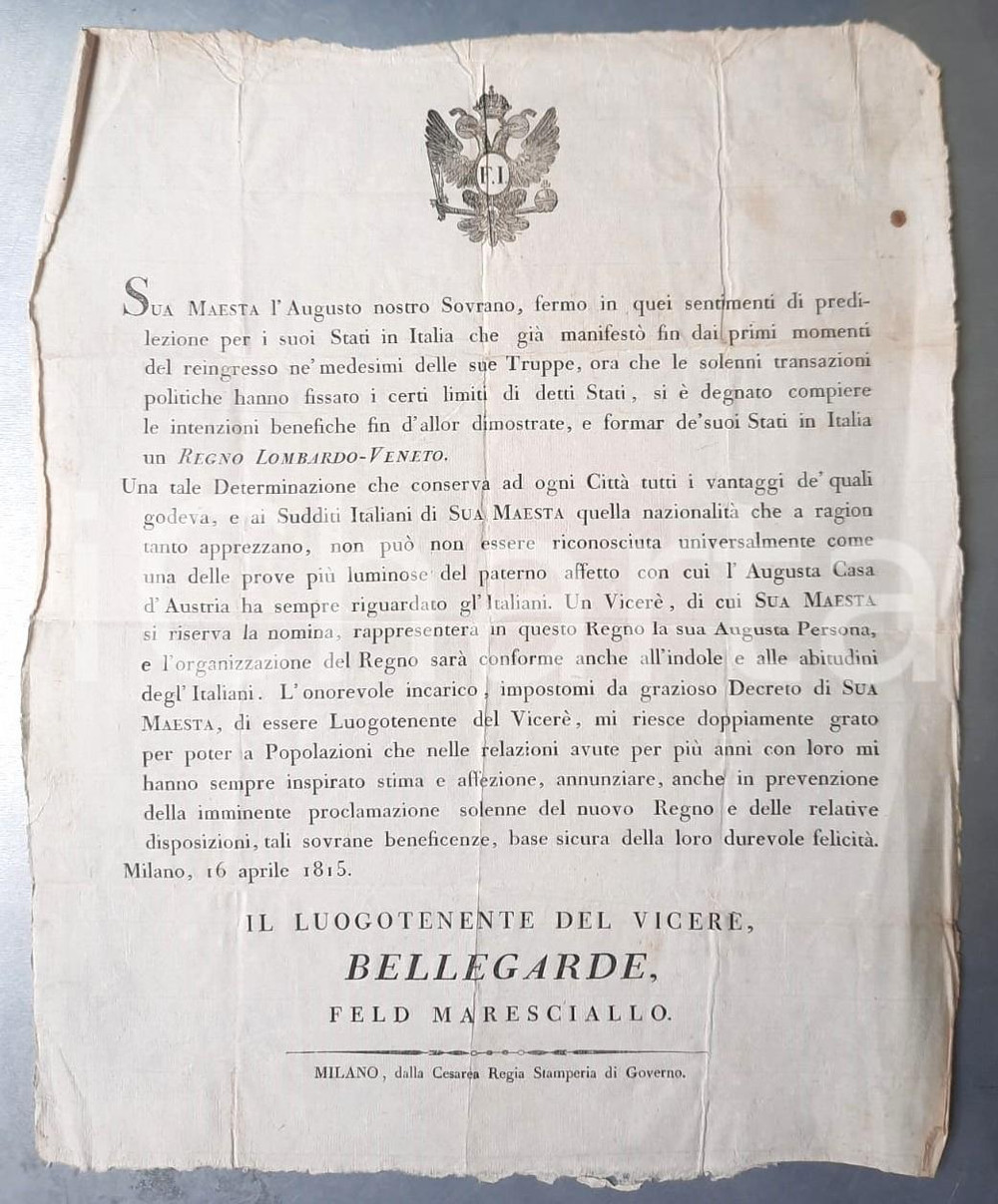 Documento originale, autentico 1815 MILANO Regno LombardoVeneto  Generale BELLEGARDE luogotenente del vicerÃ¨ 1