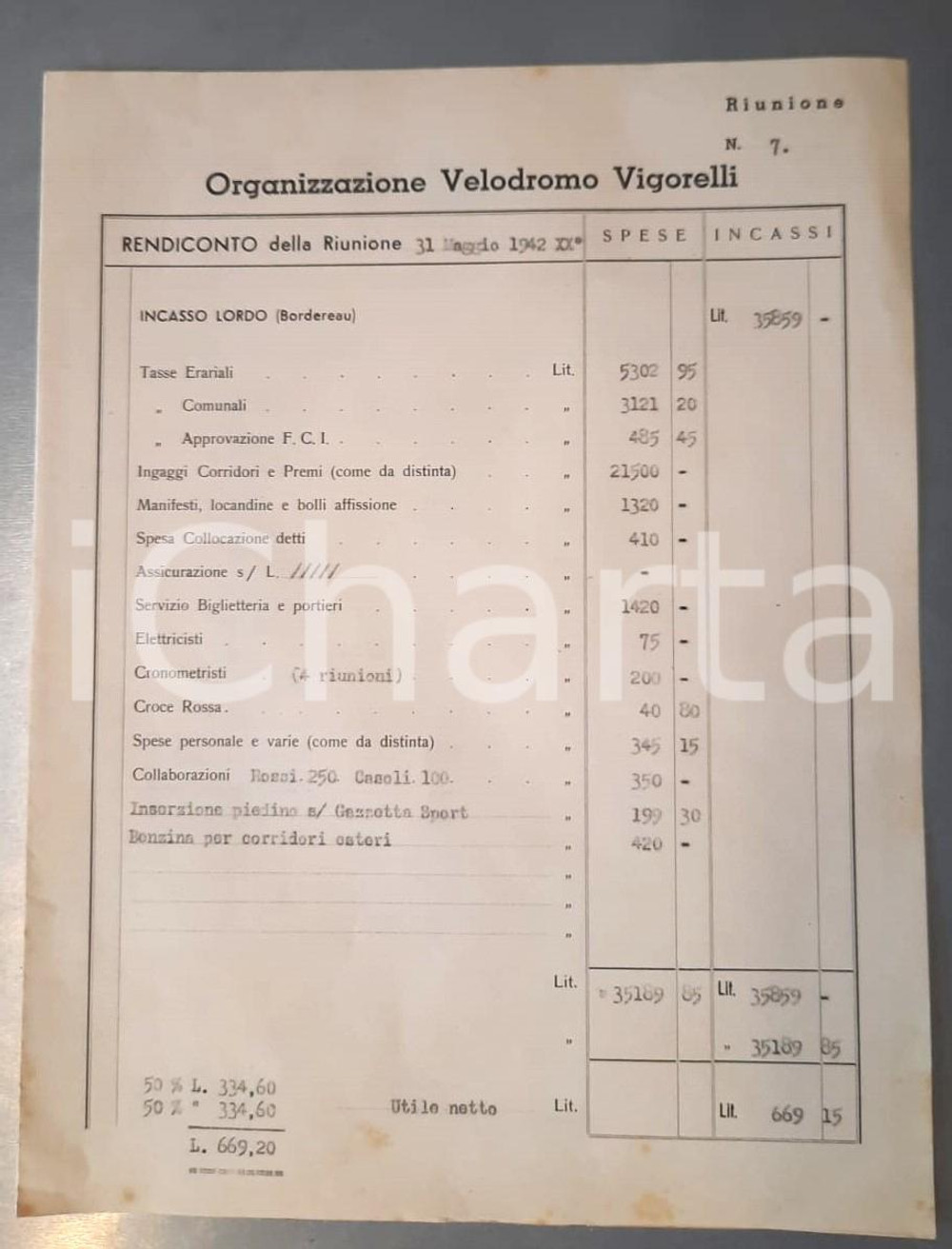 1942 CICLISMO MILANO Velodromo Vigorelli - Organizzazione gara - Spese