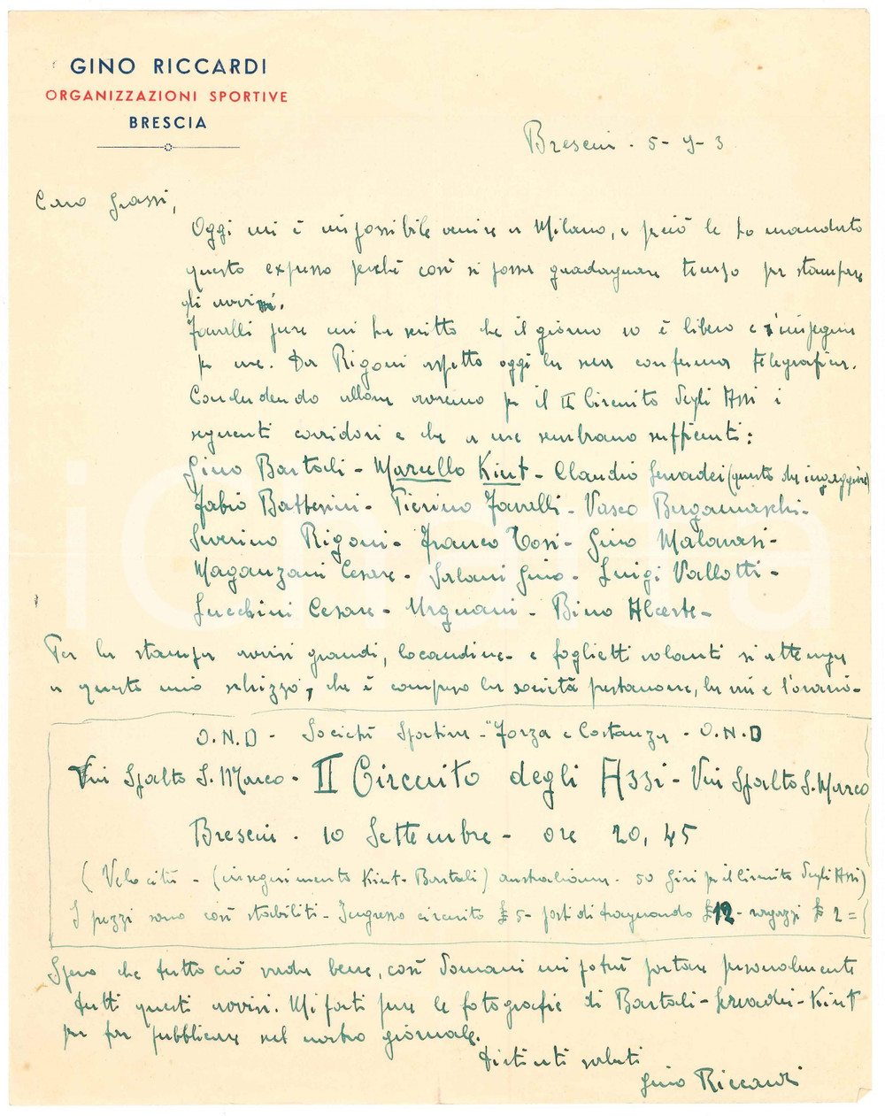 Autografo originale 1938 CICLISMO BRESCIA Gino RICCARDI prepara gara Circuito degli Assi Autografo 1