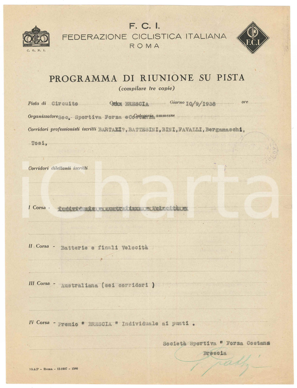 Documento originale, autentico 1938 CICLISMO BRESCIA  Programma di riunione su pista  Premio Brescia 1