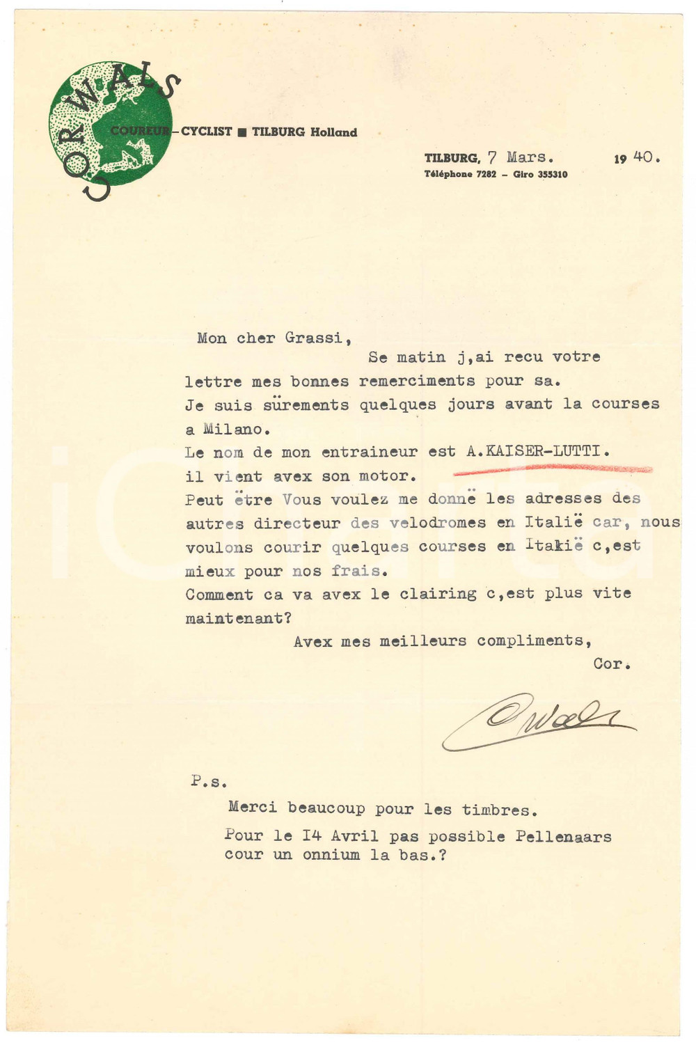 Autografo originale 1940 CICLISMO TILBURG Cor WALS desidera gareggiare in Italia AUTOGRAFO 1