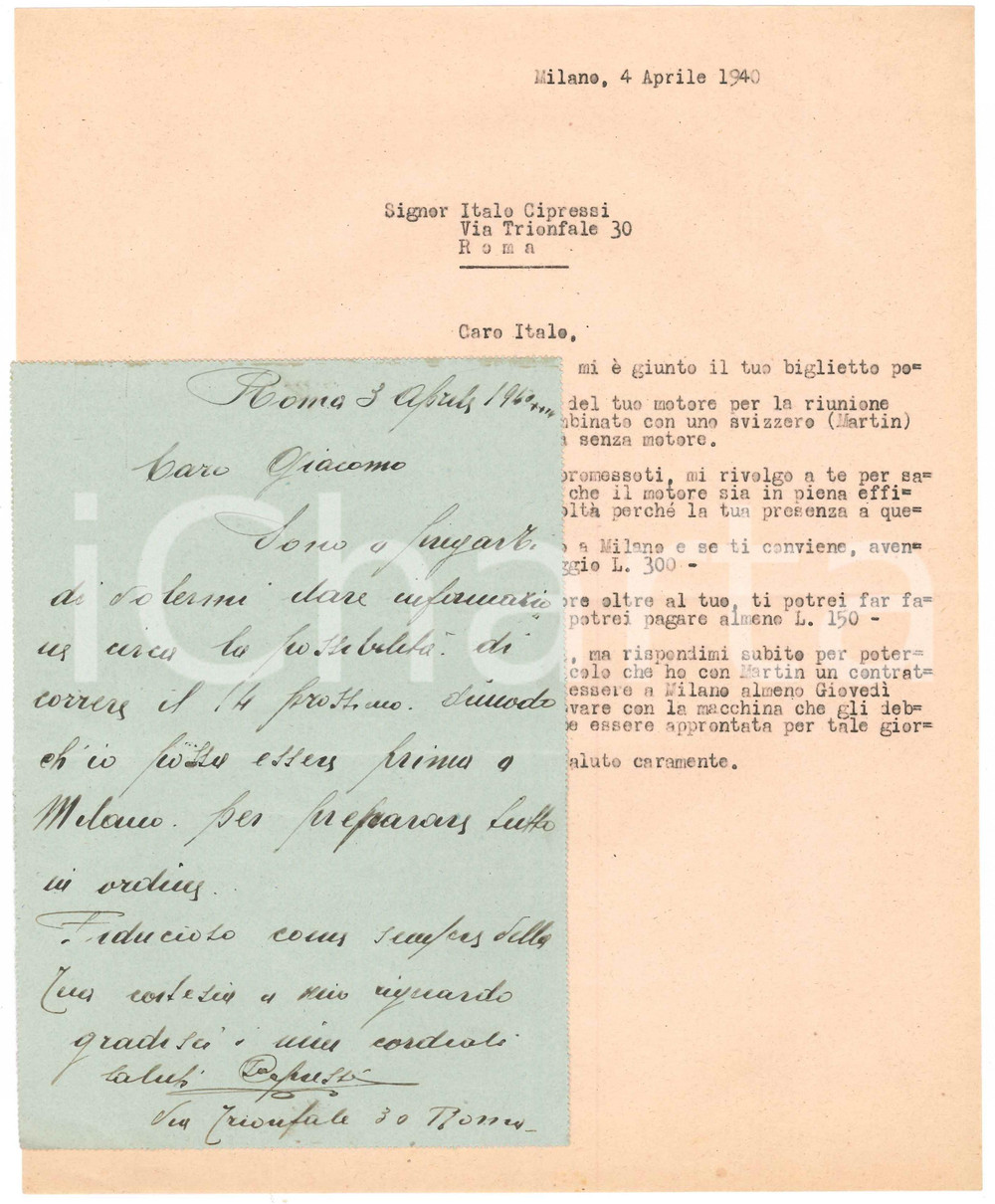 Autografo originale 1940 CICLISMO ROMA Italo CIPRESSI chiede di poter correre in una gara AUTOGRAFO 1