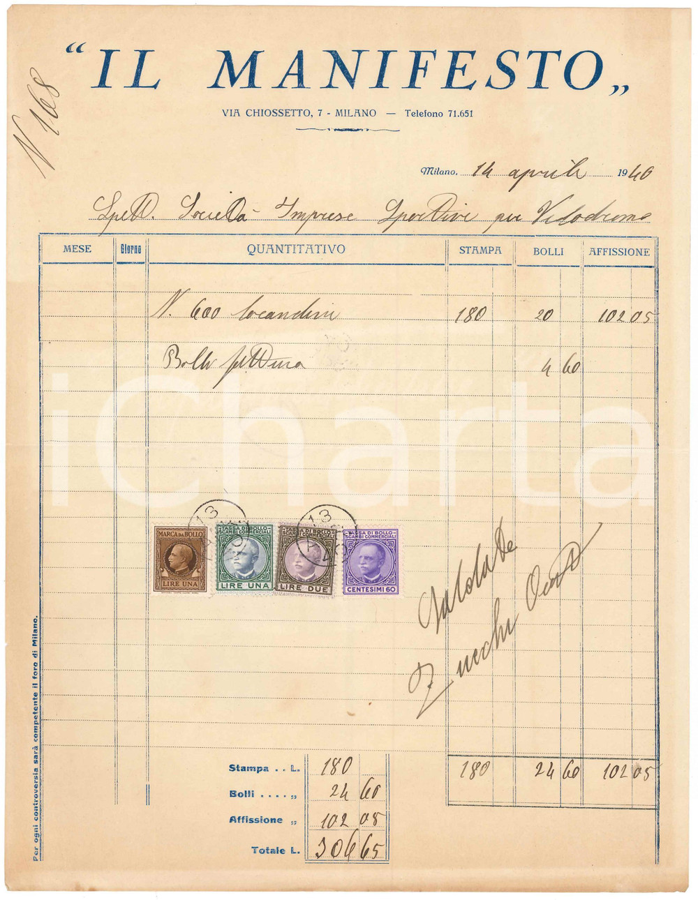 Documento originale, autentico 1940 MILANO Via Chiossetto  Tipografia IL MANIFESTO Fattura locandine CICLISMO 1