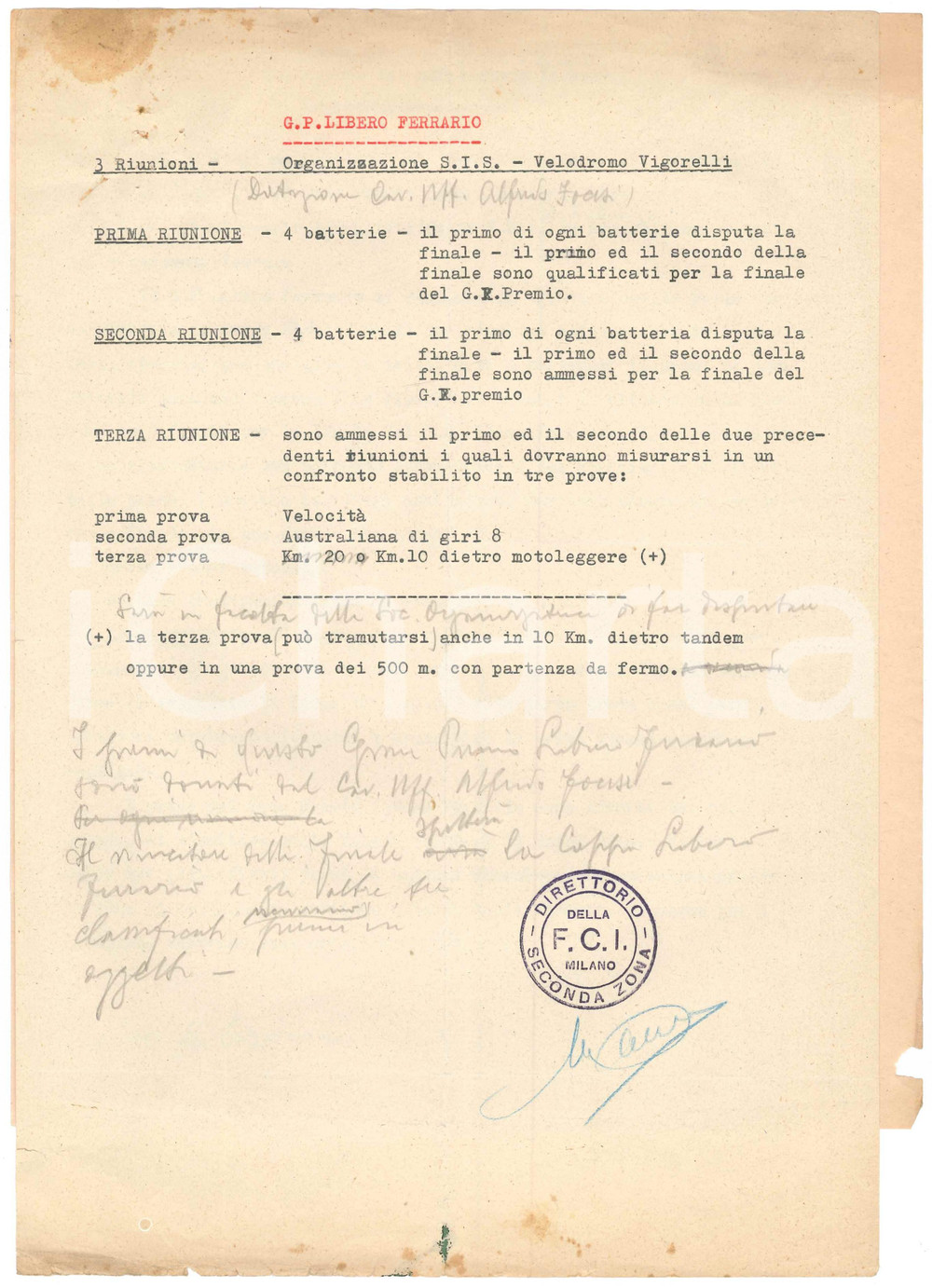 Documento originale, autentico 1940 MILANO CICLISMO Gran Premio Libero FERRARIO  Regolamento e programma 1
