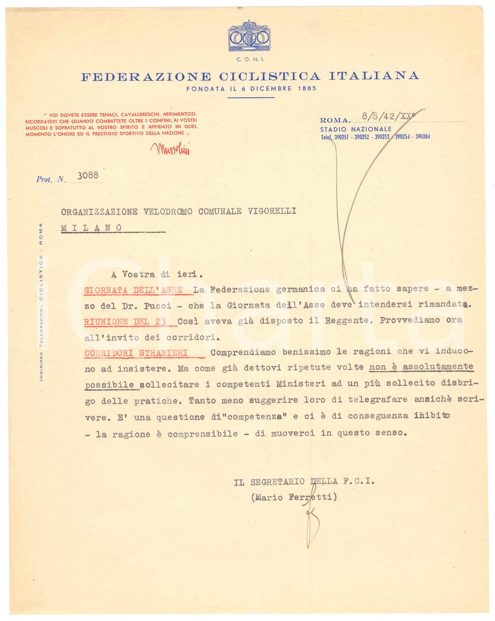 Manoscritto, lettera originale 1942 CICLISMO ROMA CONI  Lettera Mario FERRETTI su Giornata dell Asse 1