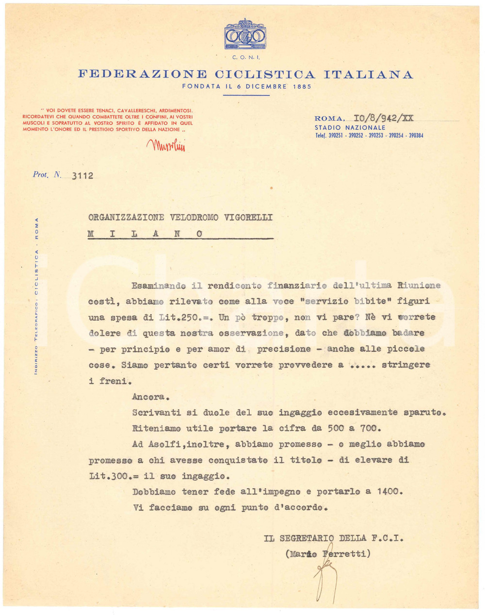 Manoscritto, lettera originale 1942 CICLISMO ROMA CONI  Lettera Mario FERRETTI su spese per le bibite 1