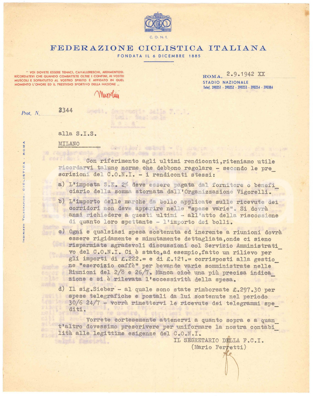 Manoscritto, lettera originale 1942 CICLISMO ROMA CONI  Lettera Mario FERRETTI su rendiconti riunioni 1