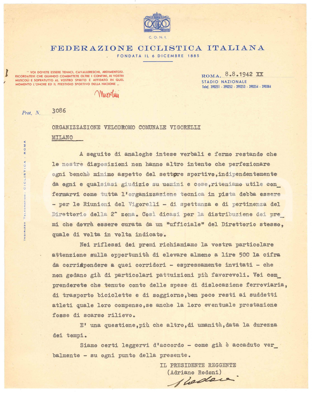 Autografo originale 1942 CICLISMO ROMA CONI Lettera Adriano RODONI su gare al Vigorelli Autografo 1