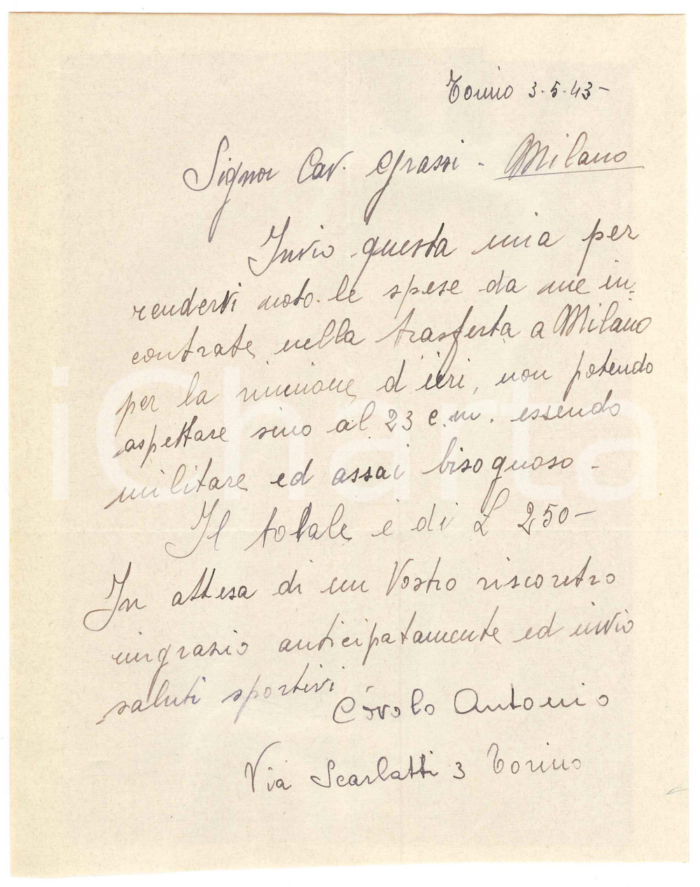 Autografo originale 1943 CICLISMO TORINO Corridore Antonio COVOLO militare e bisognoso AUTOGRAFO 1