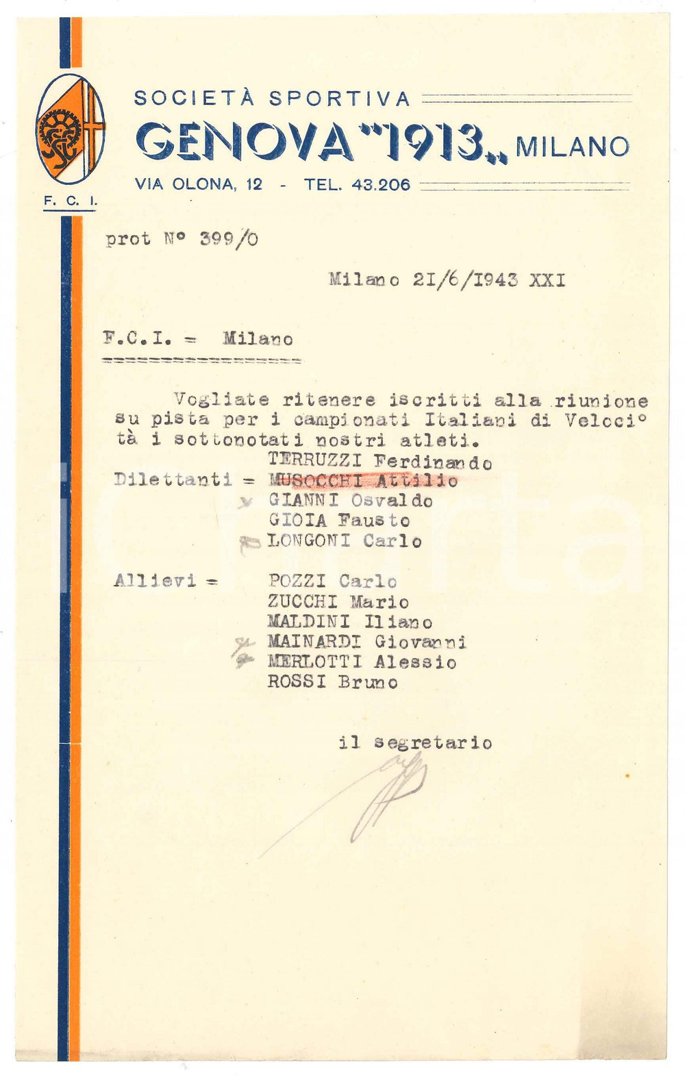 Manoscritto, lettera originale 1943 CICLISMO MILANO Società GENOVA 1913  Lettera per iscrizione atleti 1
