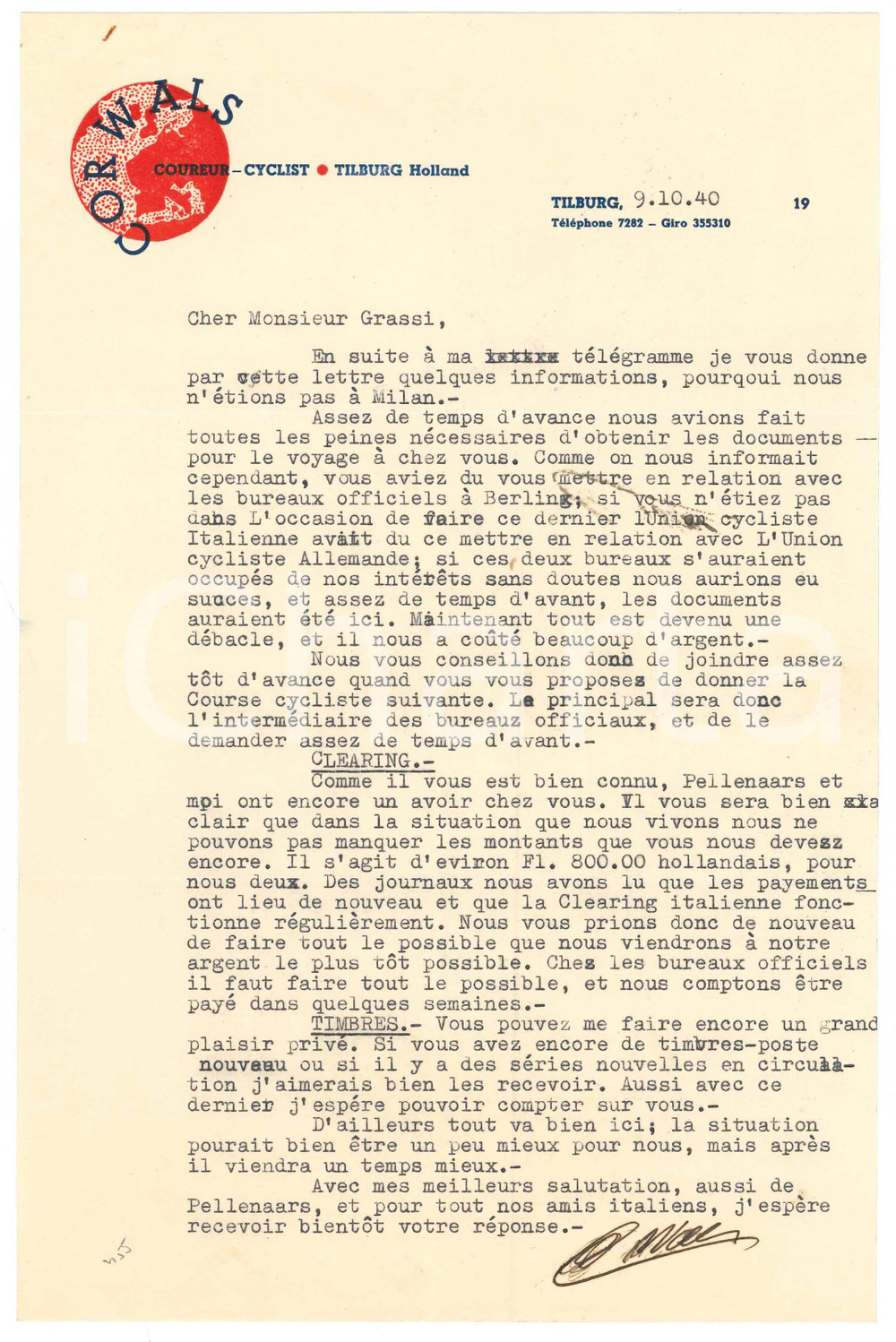 Autografo originale 1940 CICLISMO TILBURG Lettera Cor WALS per trasferta in Italia AUTOGRAFO 1