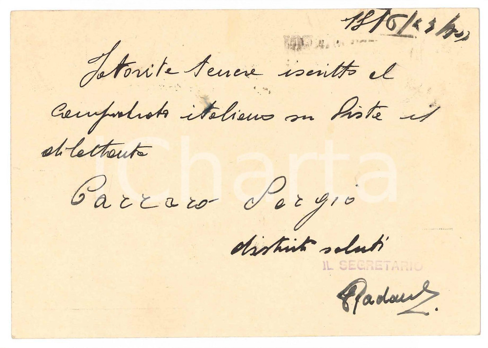 Autografo originale 1943 CICLISMO MILANO Adriano RODONI pro dilettante Sergio CARRARO AUTOGRAFO 1