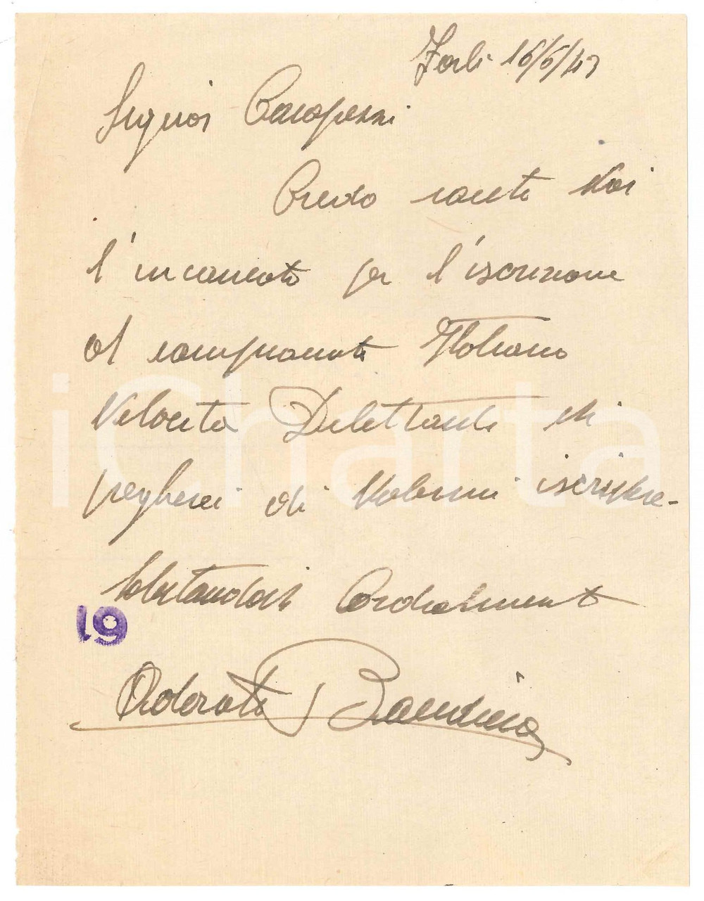 Autografo originale 1943 CICLISMO FORLÌ Adorato BANDIERA ai campionati italiani dilettanti AUTOGRAFO 1