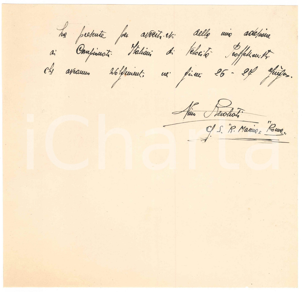 Autografo originale 1940 ca CICLISMO Nino RECALCATI ai campionati italiani di velocitÃ   AUTOGRAFO 1