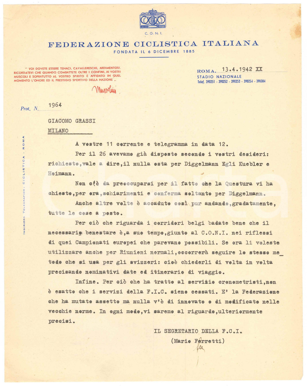 Manoscritto, lettera originale 1942 CICLISMO ROMA CONI Lettera Mario FERRETTI Regole per corridori stranieri 1