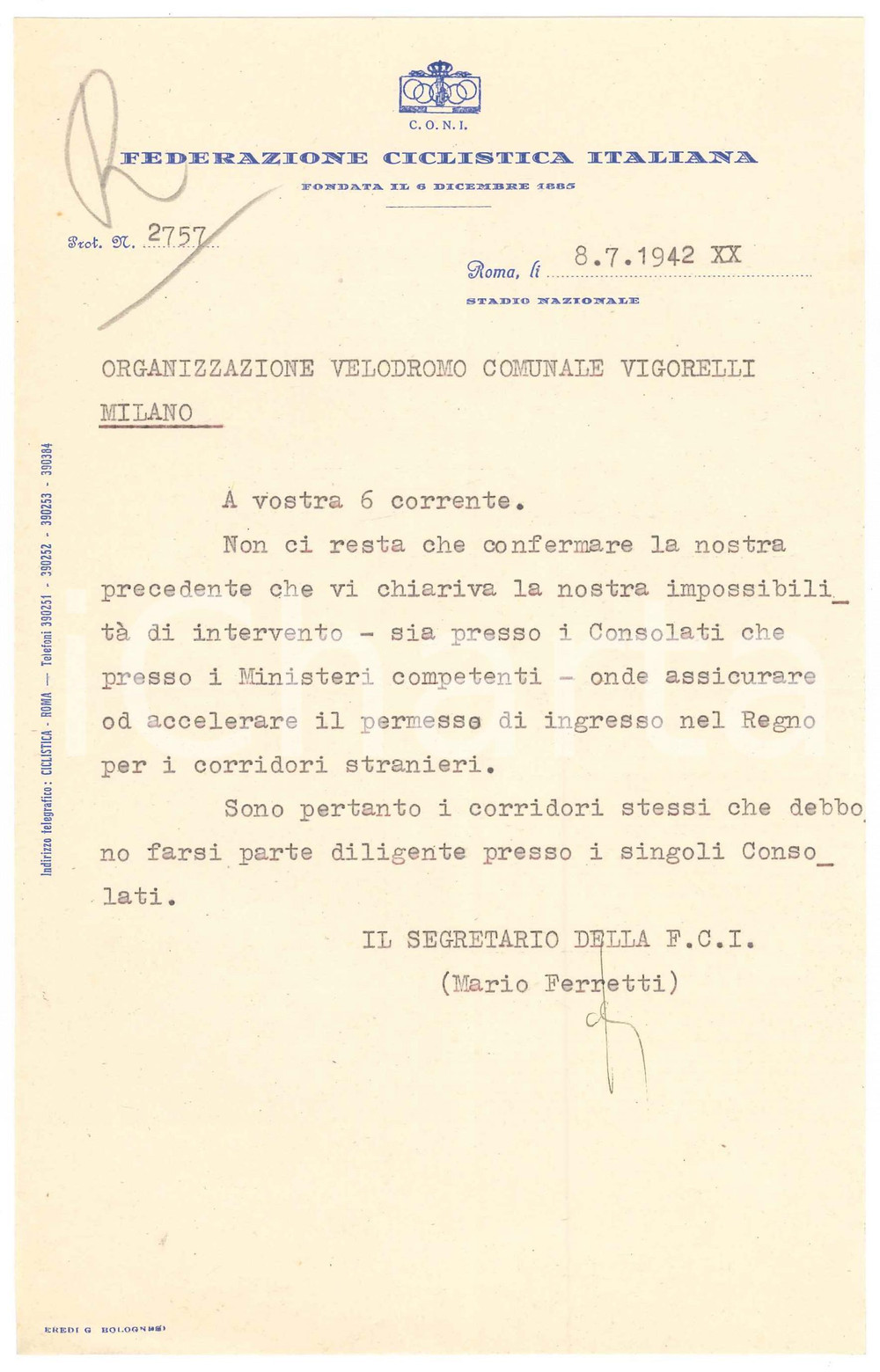 Manoscritto, lettera originale 1942 CICLISMO ROMA CONI Lettera Mario FERRETTI  Ingresso corridori stranieri 1