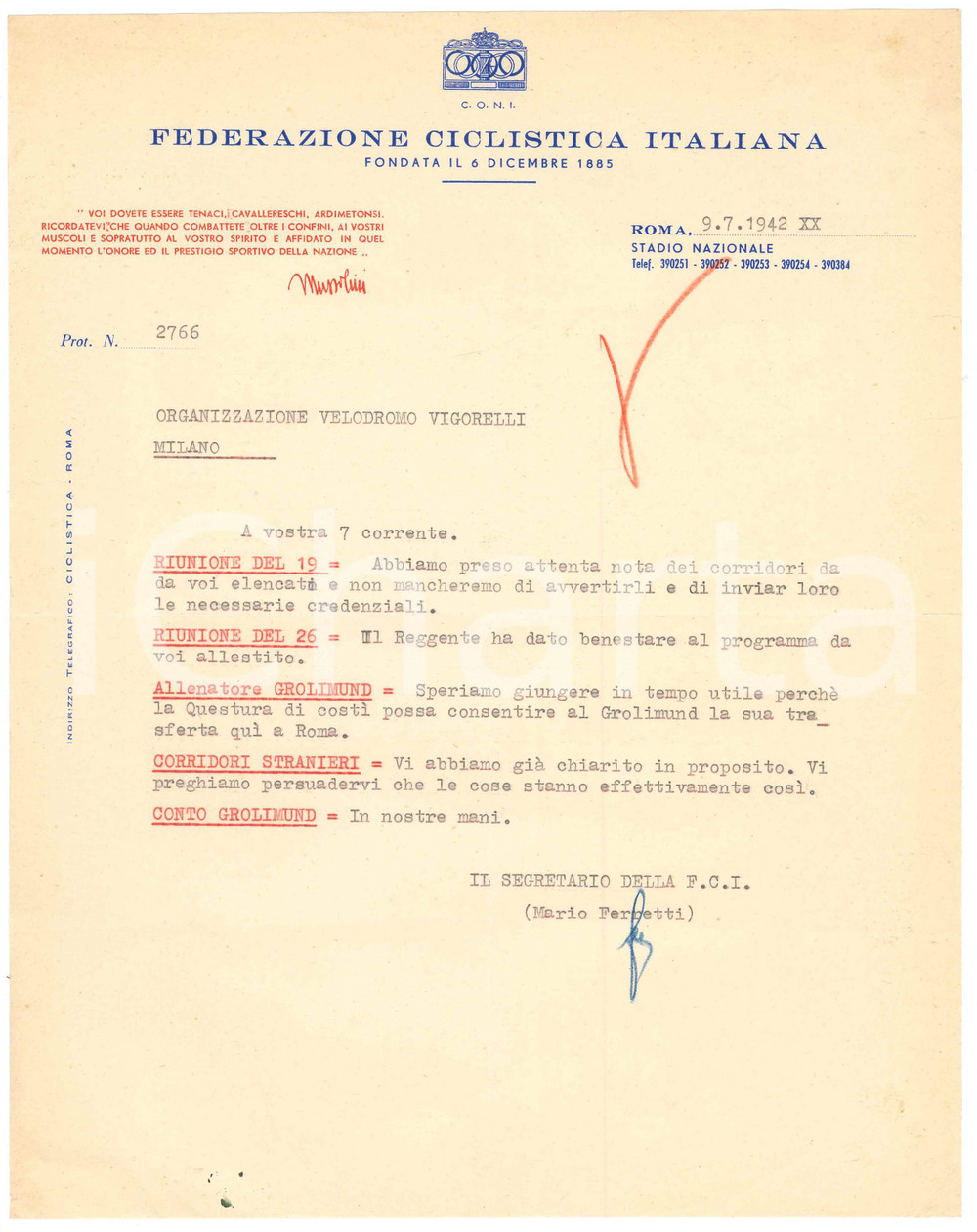 Manoscritto, lettera originale 1942 CICLISMO ROMA CONI  Lettera Mario FERRETTI su allenatore Georges GROLIMUND 1
