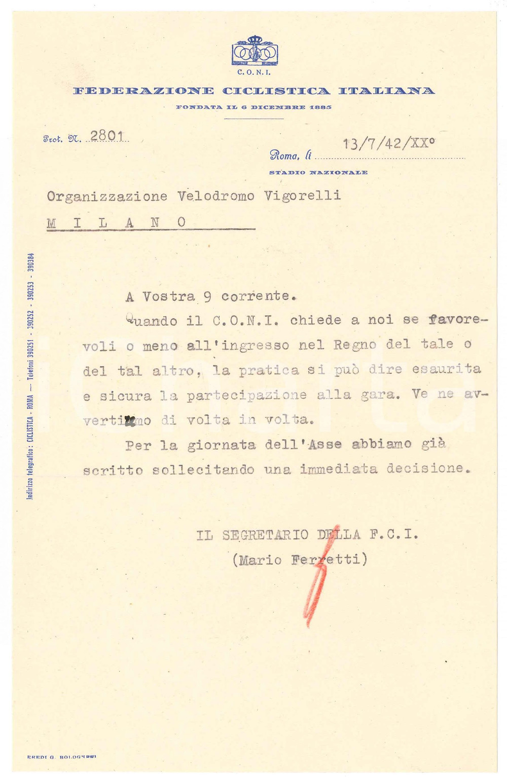 Manoscritto, lettera originale 1942 CICLISMO ROMA CONI Lettera Mario FERRETTI  Ingresso atleti stranieri 1