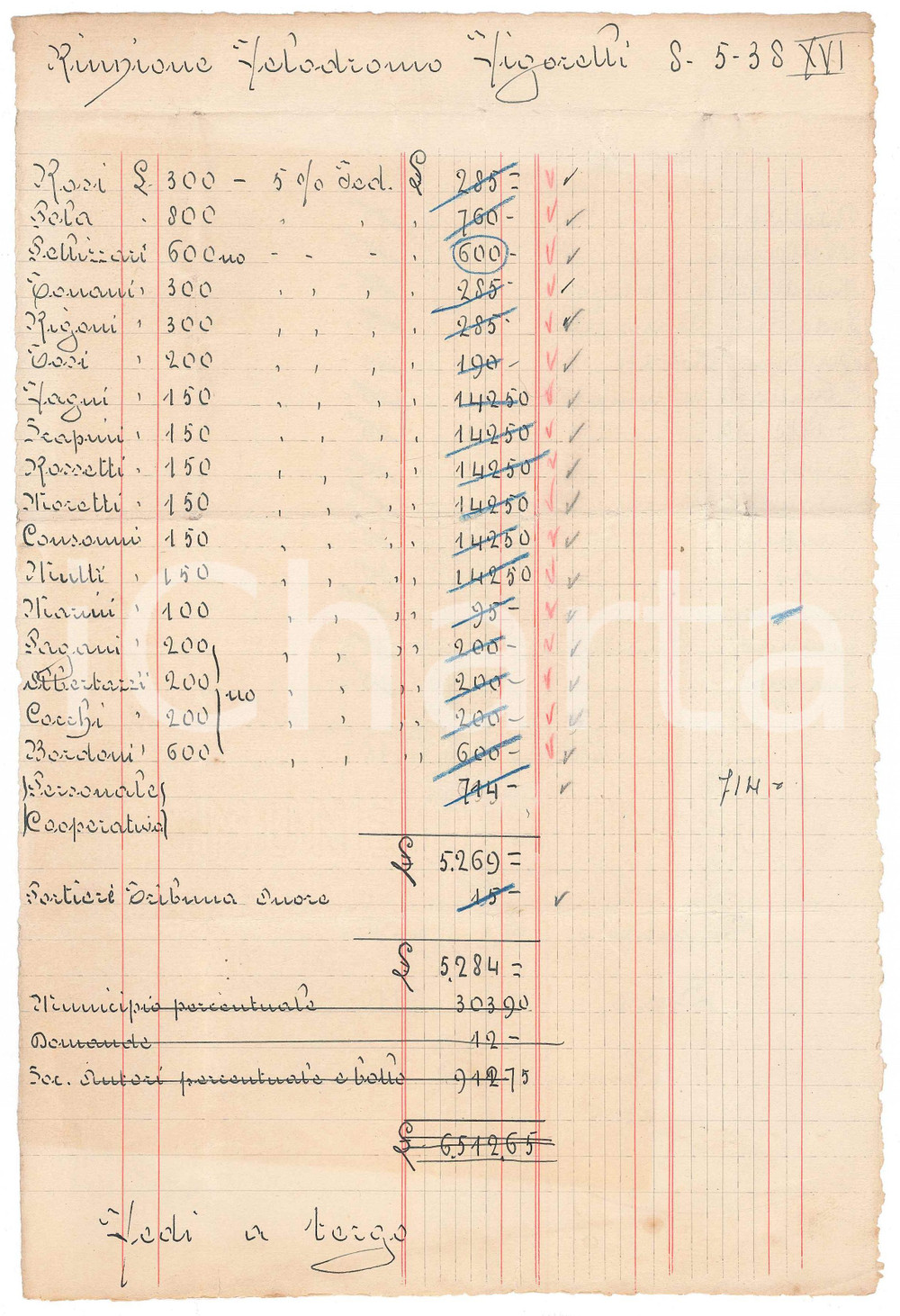 Documento originale, autentico 1938 CICLISMO MILANO Velodromo VIGORELLI  Elenco corridori per riunione 1