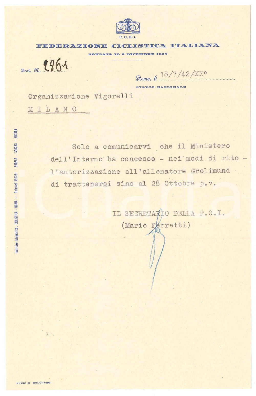 Manoscritto, lettera originale 1942 CICLISMO ROMA CONI Lettera Mario FERRETTI Autorizzazione Georges GROLIMUND 1