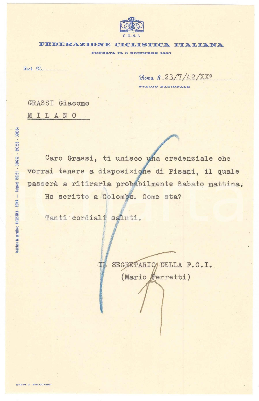 Manoscritto, lettera originale 1942 CICLISMO ROMA CONI Lettera Mario FERRETTI per credenziale 1